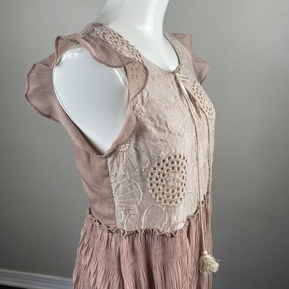Mystree Size Small Taupe Ruffle Embroidered Dress Midi Boho Fairy - Picture 3 of 12